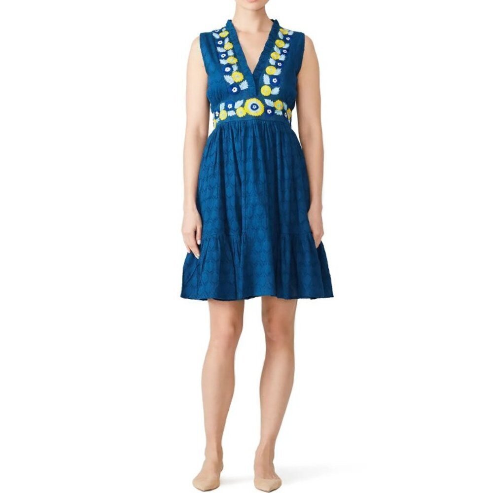 BANJANAN Blue Floral Embroidered Cotton Sleeveless Diana Dress Size XS